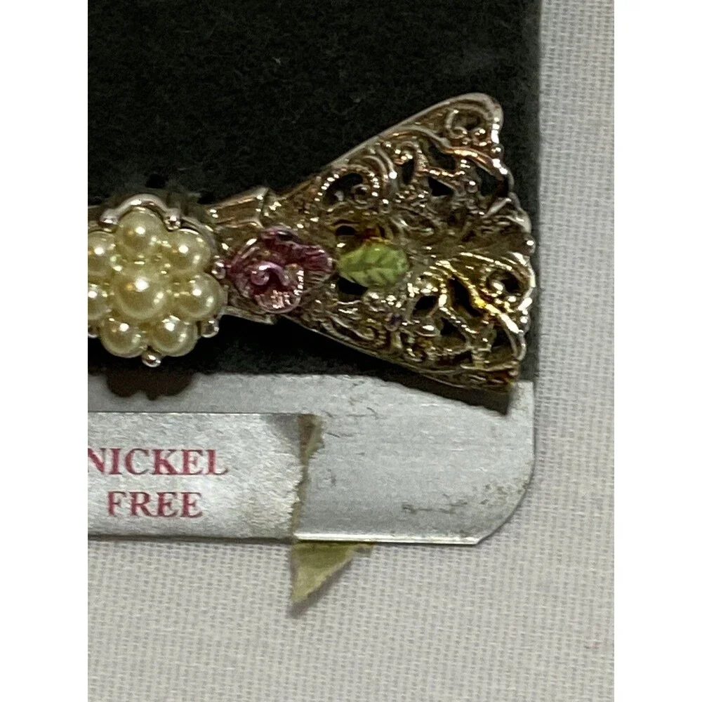 1928 Porcelain Rose Bow Gold Tone Filigree Brooch Pin Small  Vtg.
